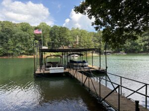 A dual slip boat dock with sundeck.