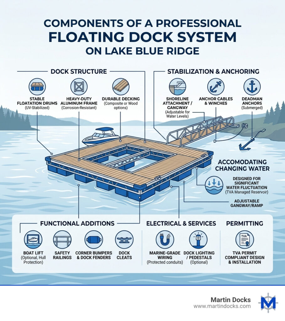 Infographic showing components of a professional floating dock system on Lake Blue Ridge - Lake Blue Ridge Boat Dock Builder