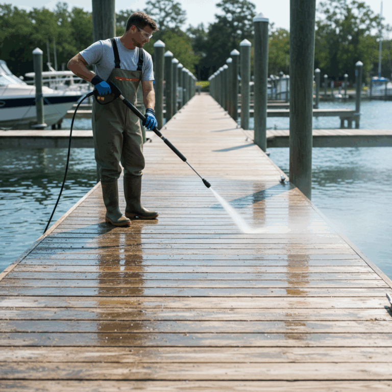 A man pressure washing a wooden boat dock