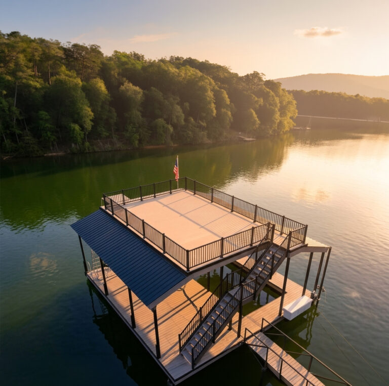 Custom boat dock biult and installed on Lake Chatuge Hiawassee Ga by Martin Docks